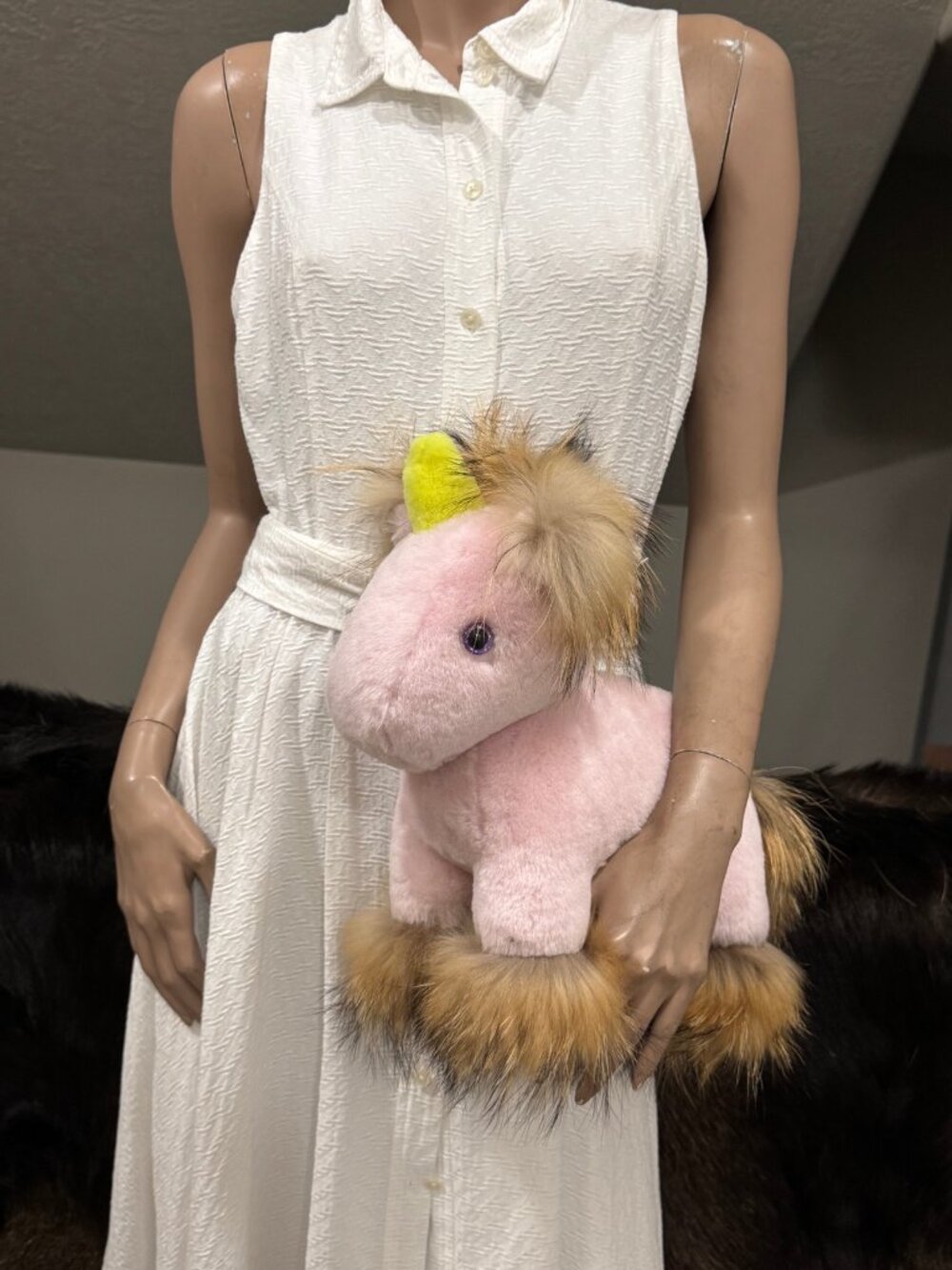 Handmade Pink Shearling Unicorn Bag with Finn Raccoon Fur, Crossbody Bag